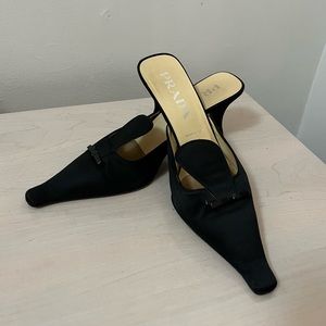 PRADA black satin pointed duck toe kitten heels